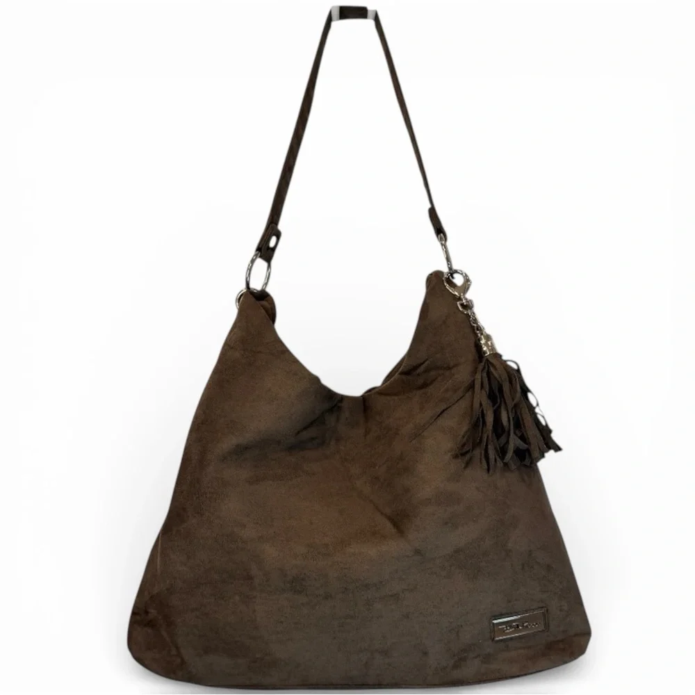 Bella Russo Large Faux‎ Suede Hobo Shoulder Bag Taupe Brown Tassel Charm Boho